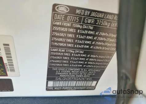 2016 Land Rover Range Rover Autobiography z USA, uszkodzony, nr VIN SALGV2EF5GA247455